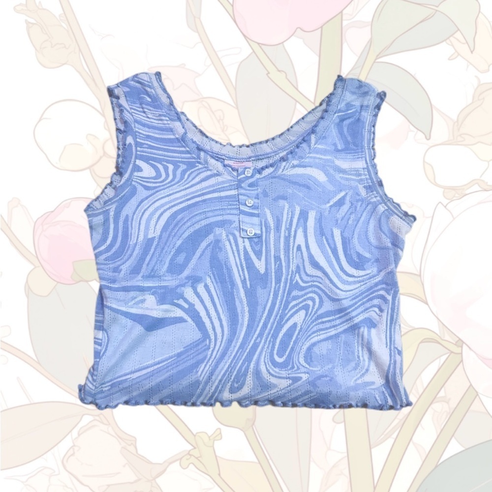 Blue Swirl vintage pattern Tank Top ruffle hem button detailing frutiger aero